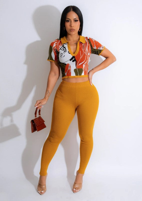 Women's Autumn And Winter Print Turndown Collar Short Sleeve Top Slim Trousers Two Piece Set 7