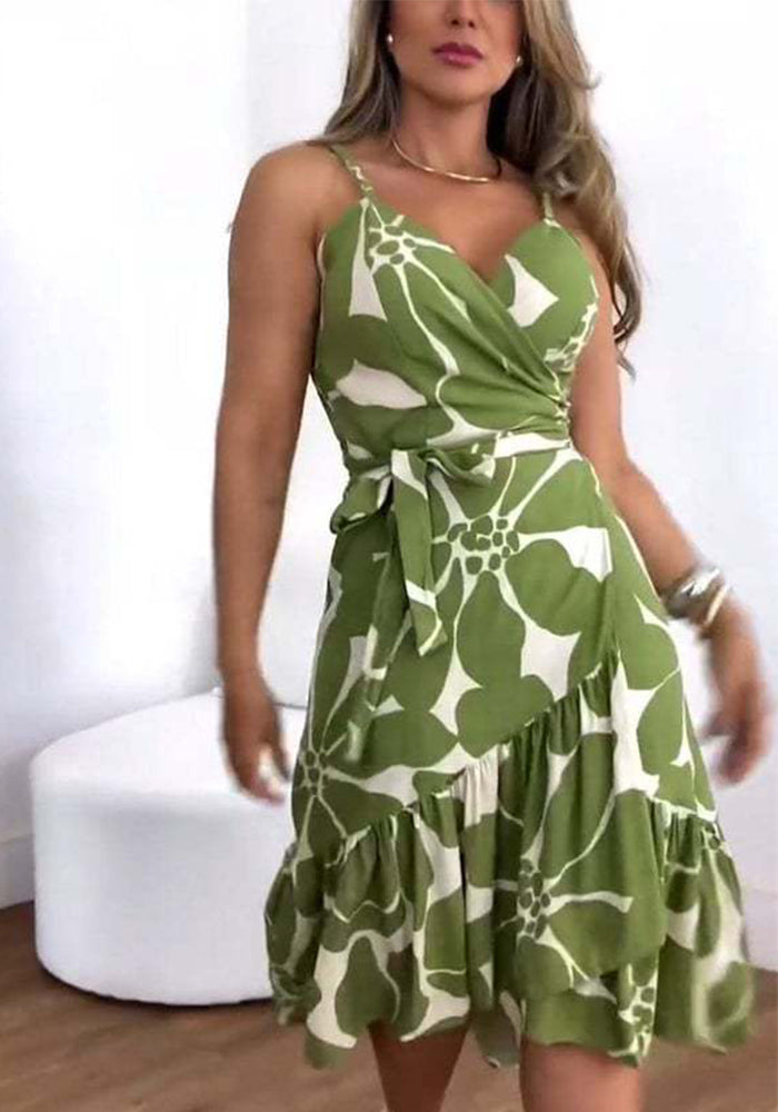 Women Summer Elegant Cross Neck Belt Floral Print Dress