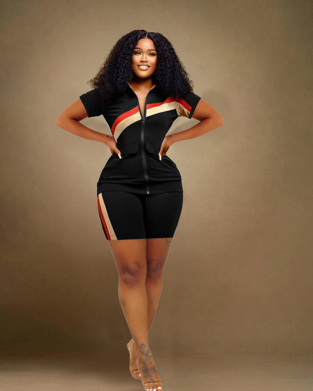 Women's Sports Casual Fashion Zip Pocket Top Shorts Two-Piece Set 3