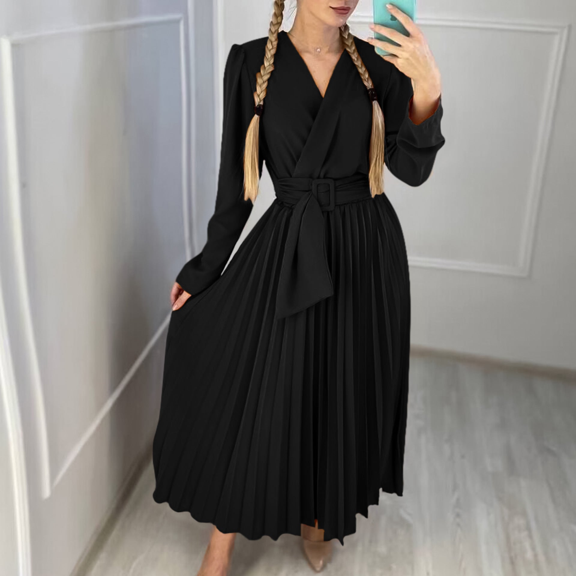 V-Neck Chic Elegant Slim Waist Belted Pleated High Waist Plus Size Dress 6