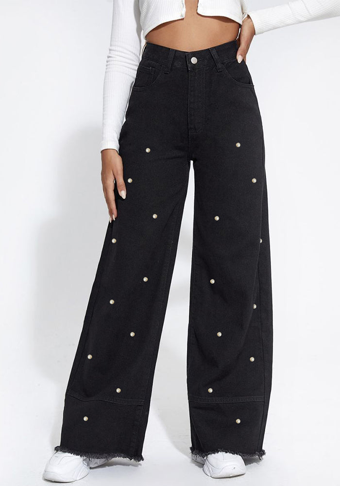 Women Pearl Wide Leg Denim Pants