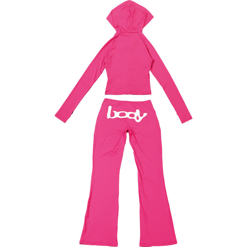 Women Fall/Winter Hooded Letter Print Zipper Top and Pants Two-Piece Set 44