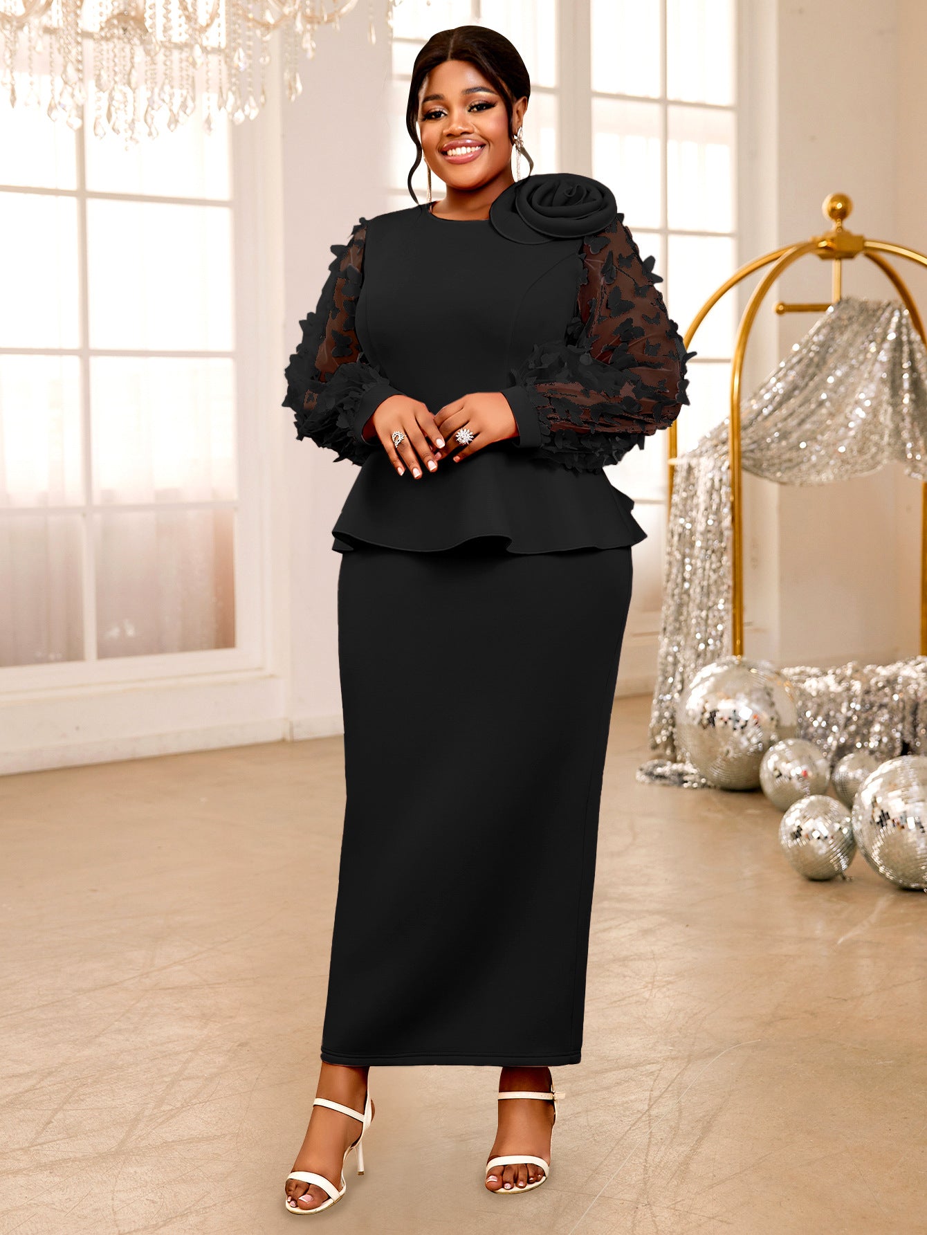 Plus-Size Women Lantern Sleeve Ruffled Party Formal Party Dress 4