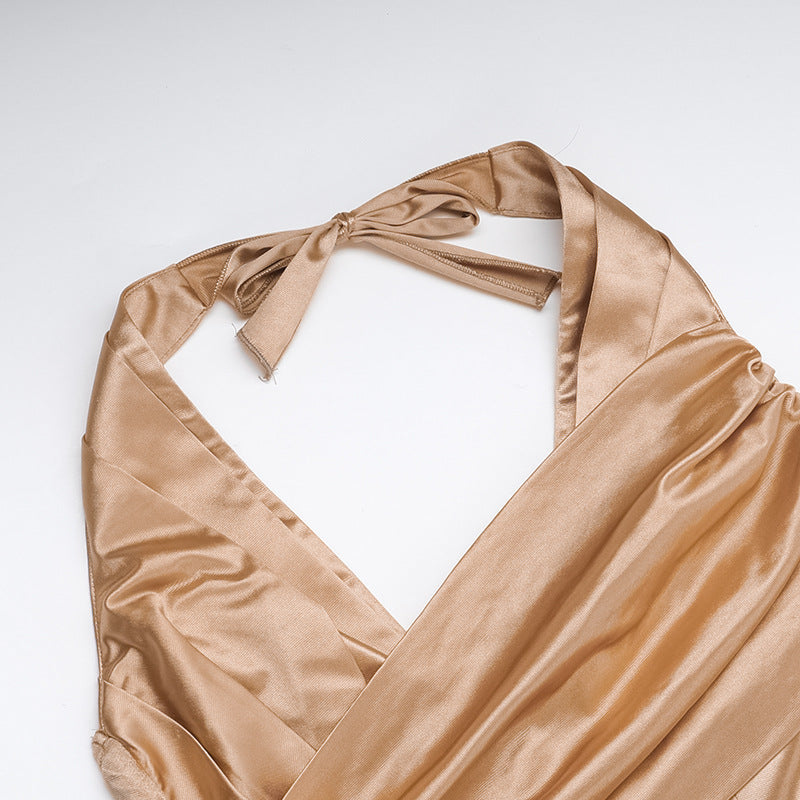 Autumn Chic Sexy Halter Slim Pleated Deep V Satin Long Dress 7