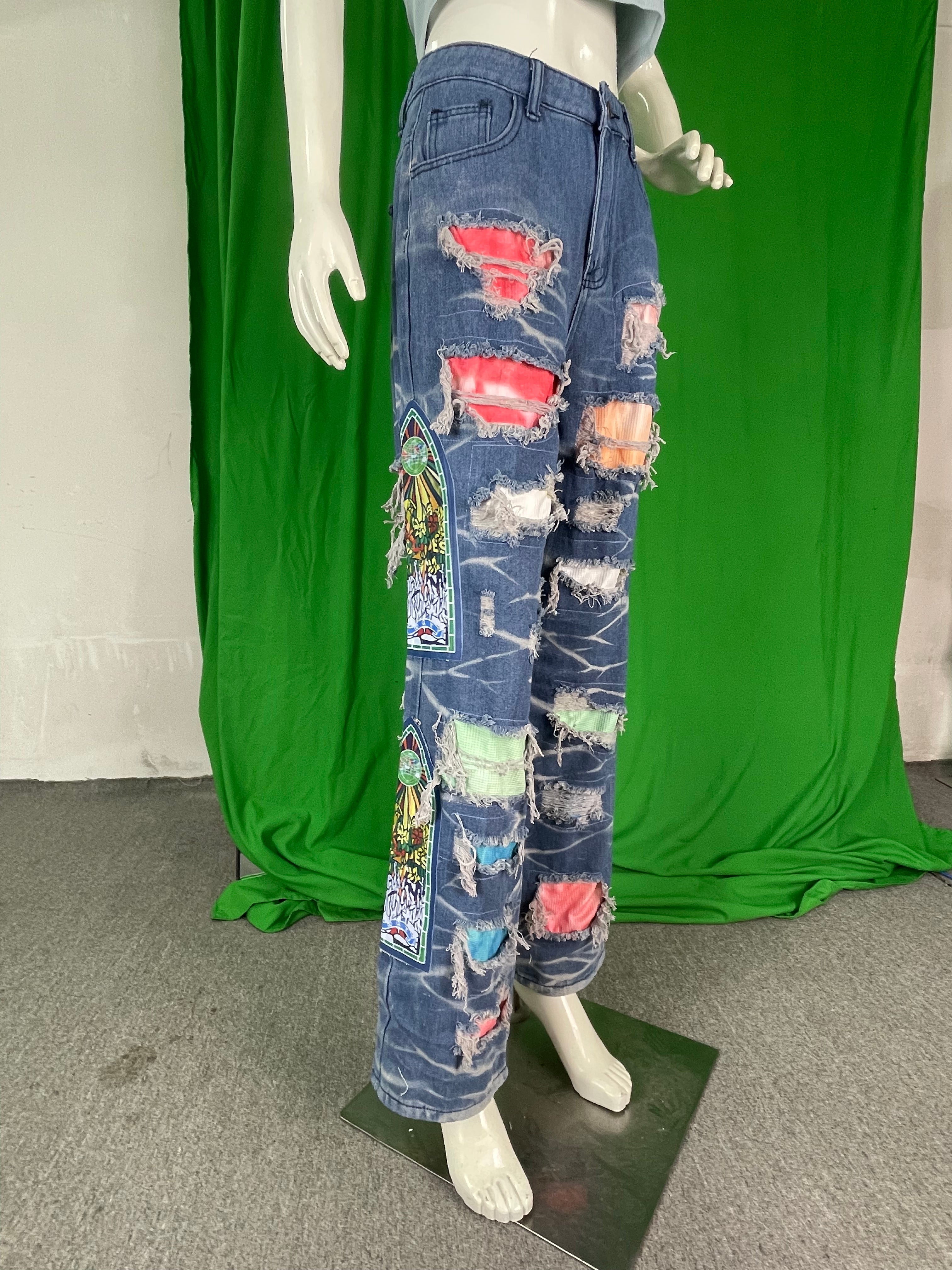Women Printed Ripped Casual Denim Pants 5