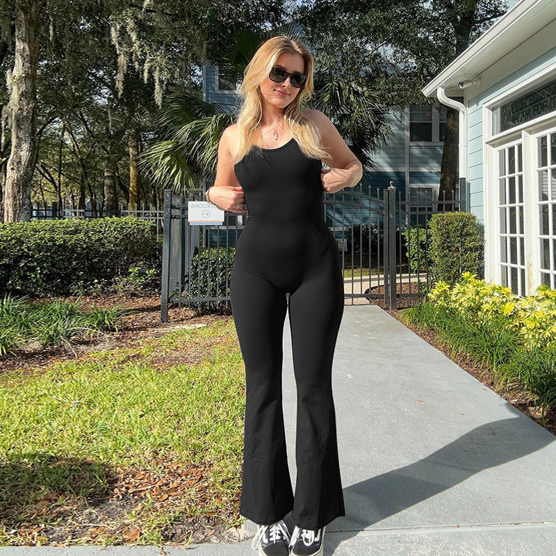 Women Winter Solid Suspender Backless Wide Leg Bell Bottom Jumpsuit 18
