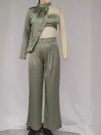 Women Elegant Halter Neck Slash Shoulder Strapless Sexy Crop Top and Wide Leg Pants Two-piece Set 4