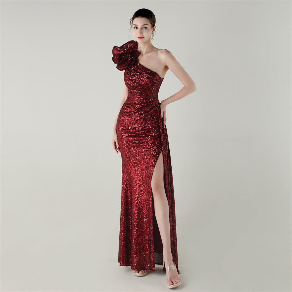 Women one-shoulder sequined flower beaded fishtail evening dress 12