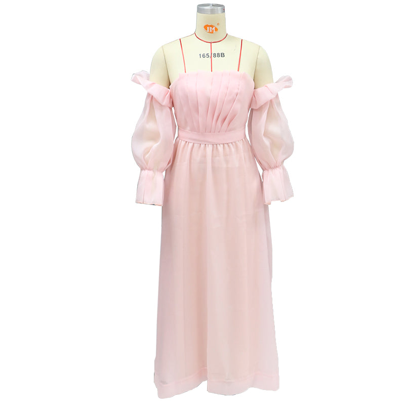 Plus Size Women's Off Shoulder Long Sleeve Solid Color A-Line Party Dress 6