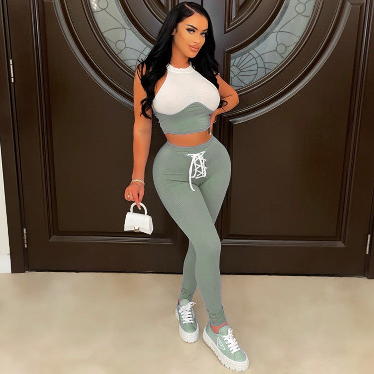 Women's Sexy Ribbed Suit Round Neck Tank Top Pencil Pants Lace-Up Two Piece Summer Set 12