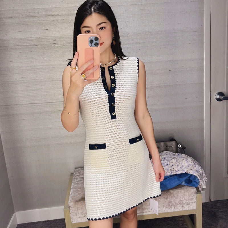 Women French Contrast Career Sleeveless Knitting Dress 3