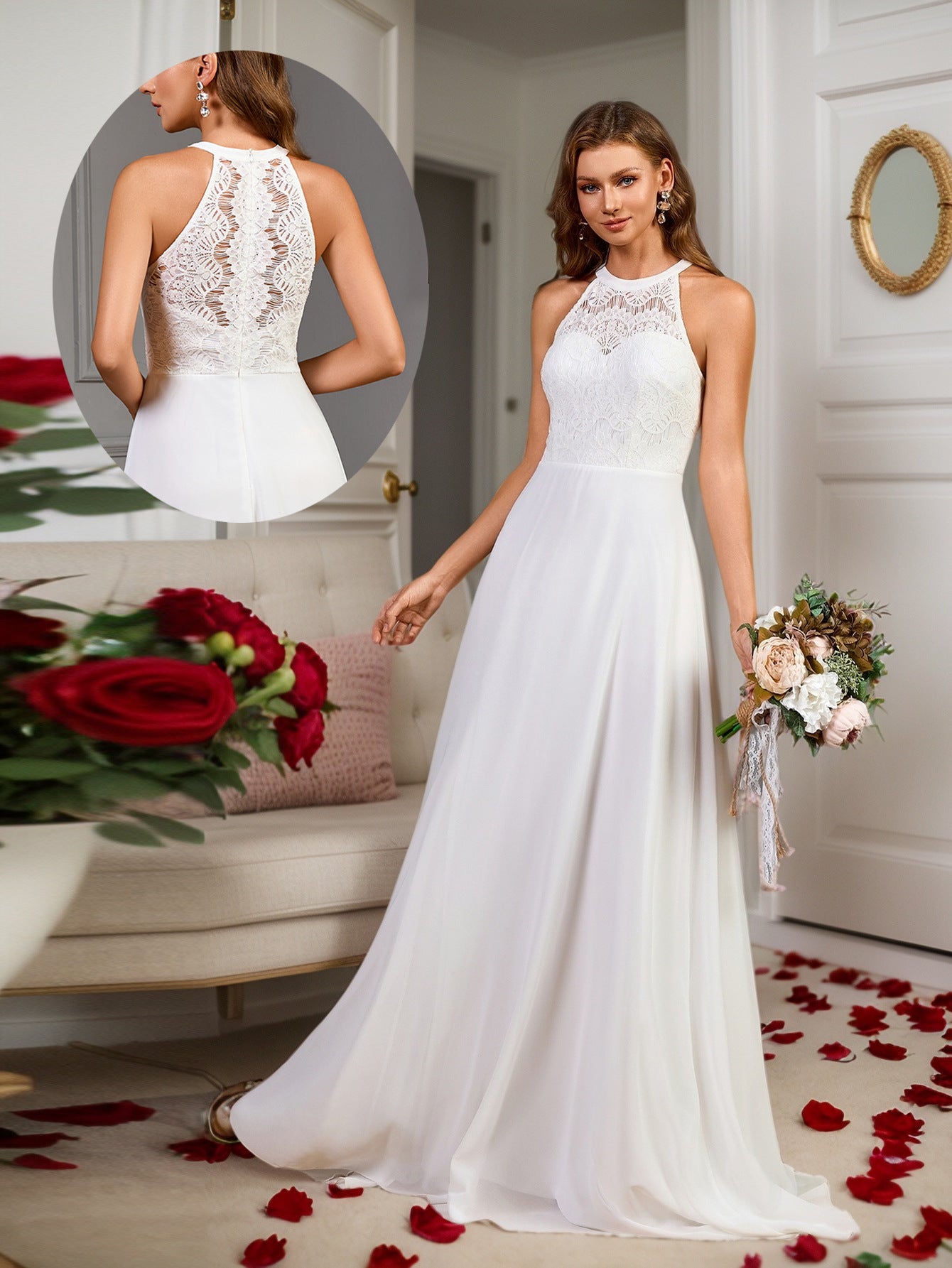 Women spring sleeveless Halter Neck wedding bridesmaid dress solid dress