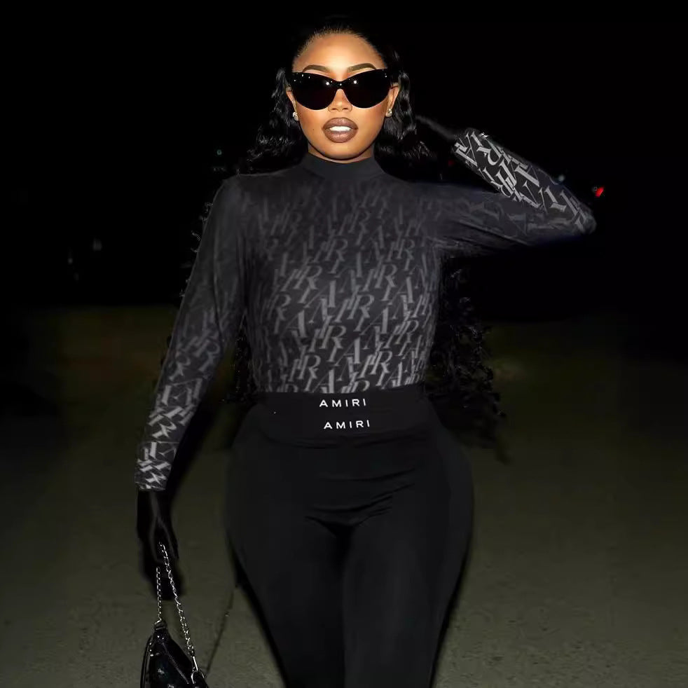 Women High Neck Gradient Print Long Sleeve Top and Pants Two-Piece Set 5