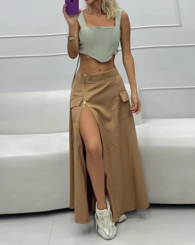 Women Fashion Casual Sleeveless solid color tie Tank Skirt two-piece set 3