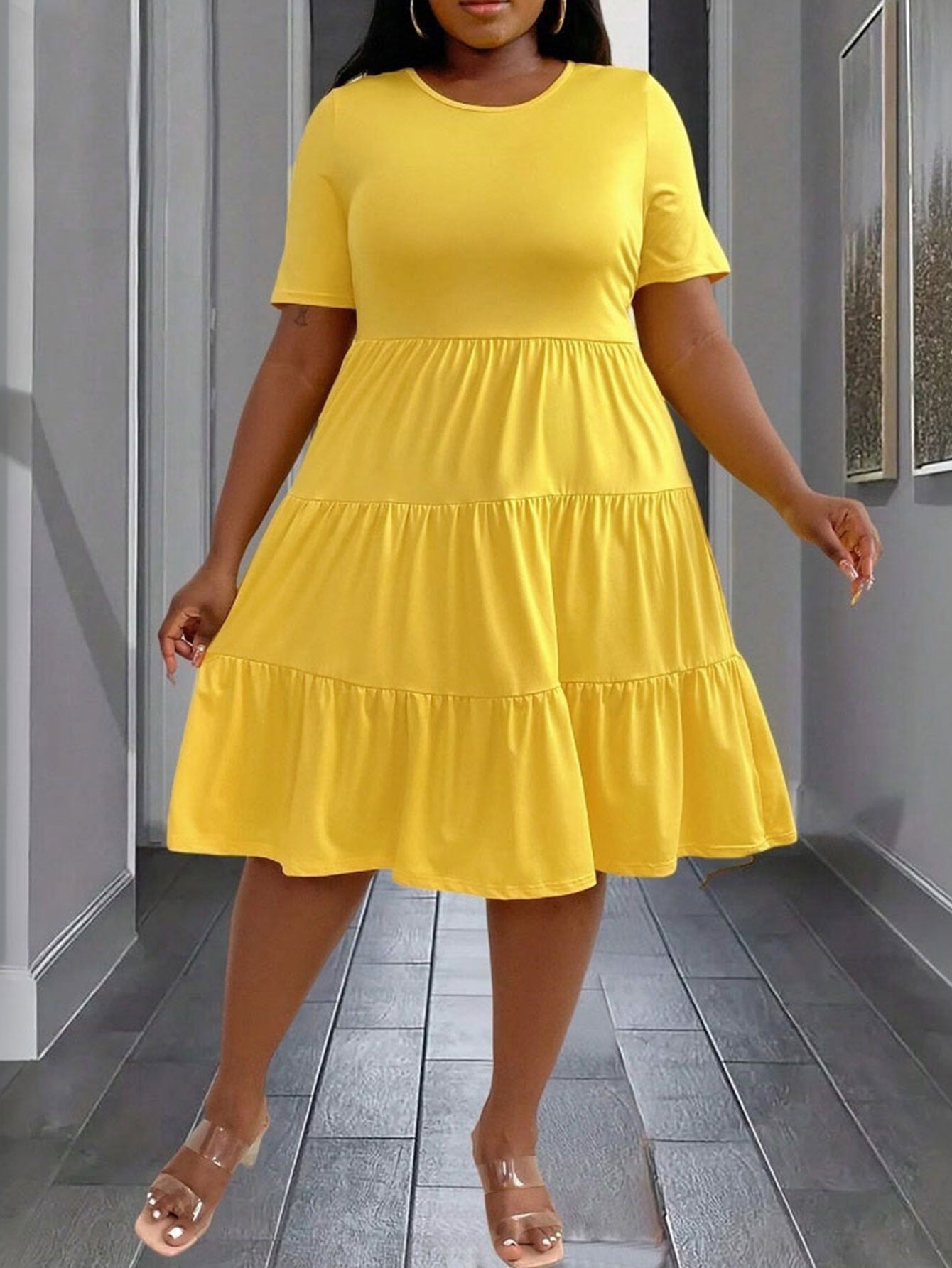 Spring And Summer Plus Size Women's Yellow Loose Short Sleeve Mid-Length Casual Dress 3