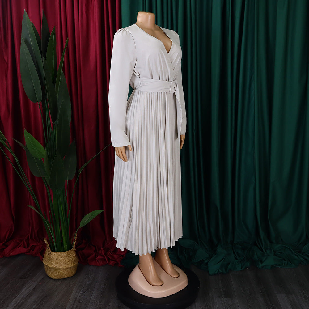 V-Neck Chic Elegant Slim Waist Belted Pleated High Waist Plus Size Dress 46