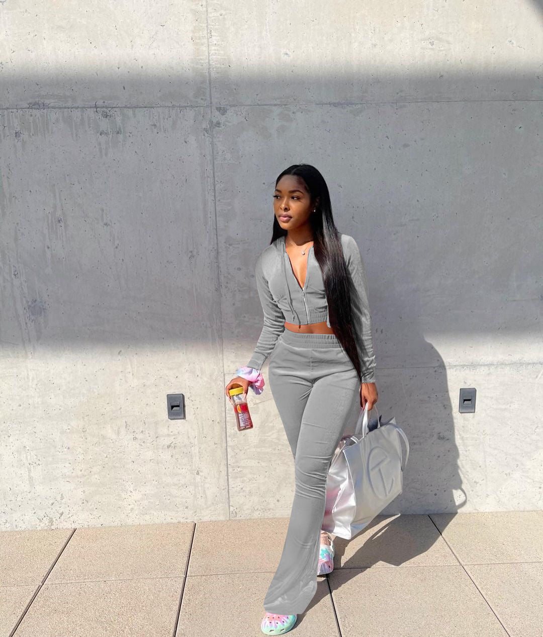 Women's Velvet Hooded Top Wide-Leg Pants Sports Casual Two Piece Set