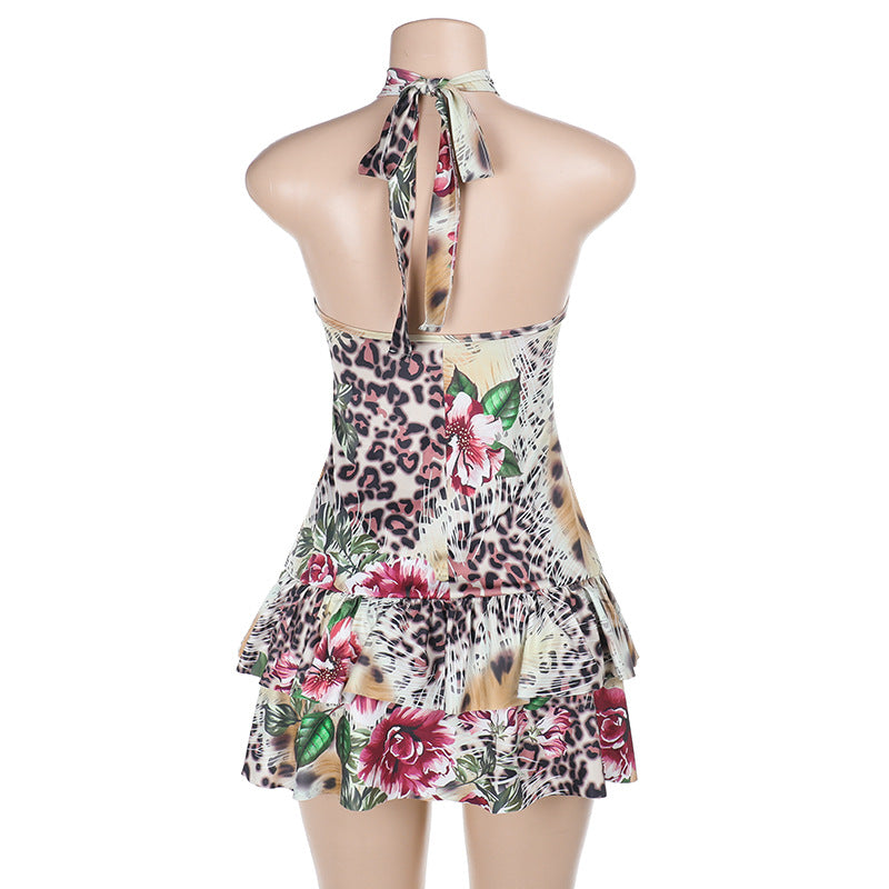 Summer Low Back Halter Neck Printed Hollow Short Dress 8