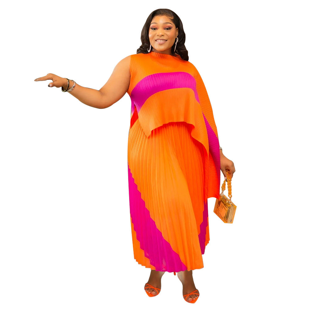 Women's Contrast Color Pleated Fashion Casual Two Piece Skirt Set 3