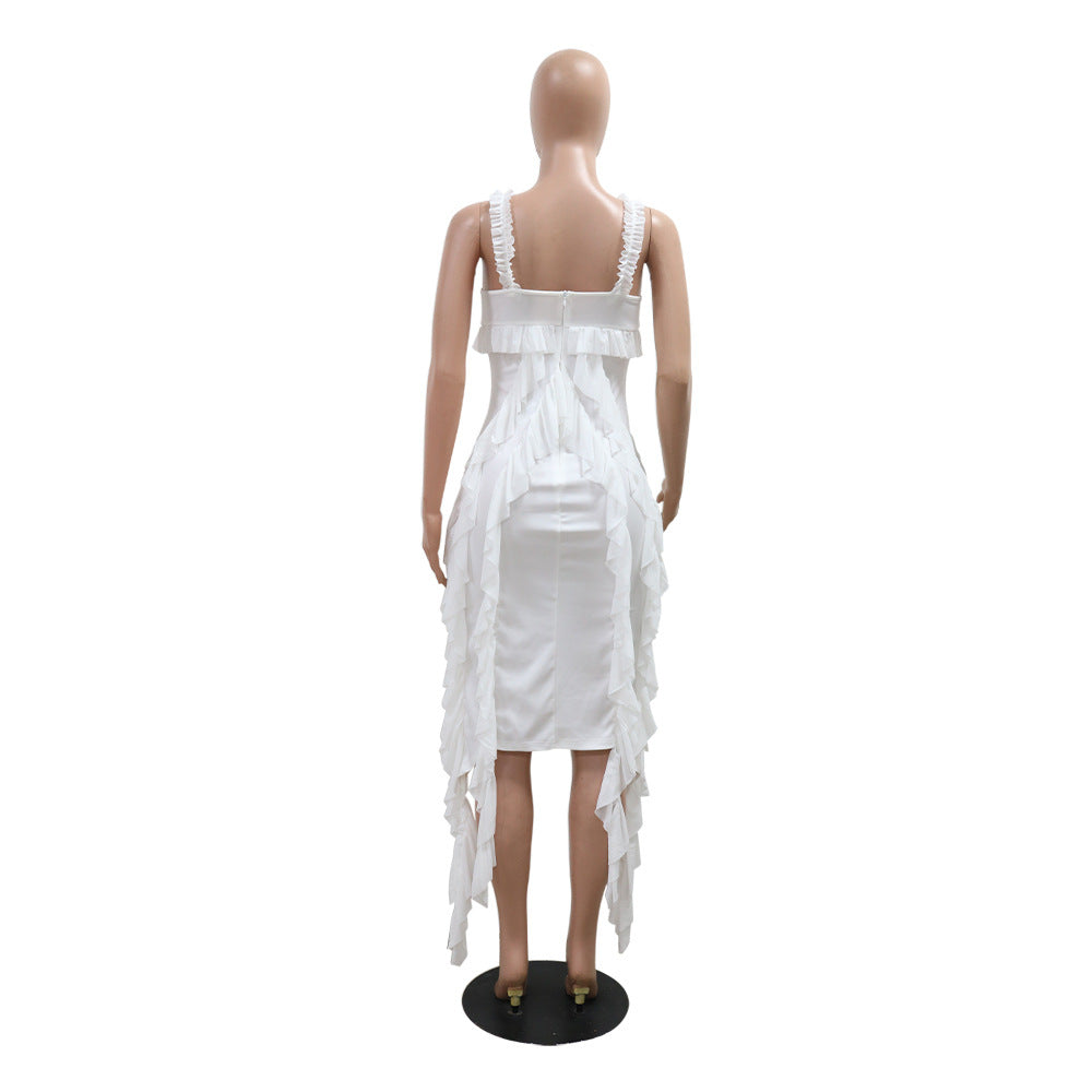 Sexy Strap Ruffled Solid Color Women's Fashion Slim Long Dress 7