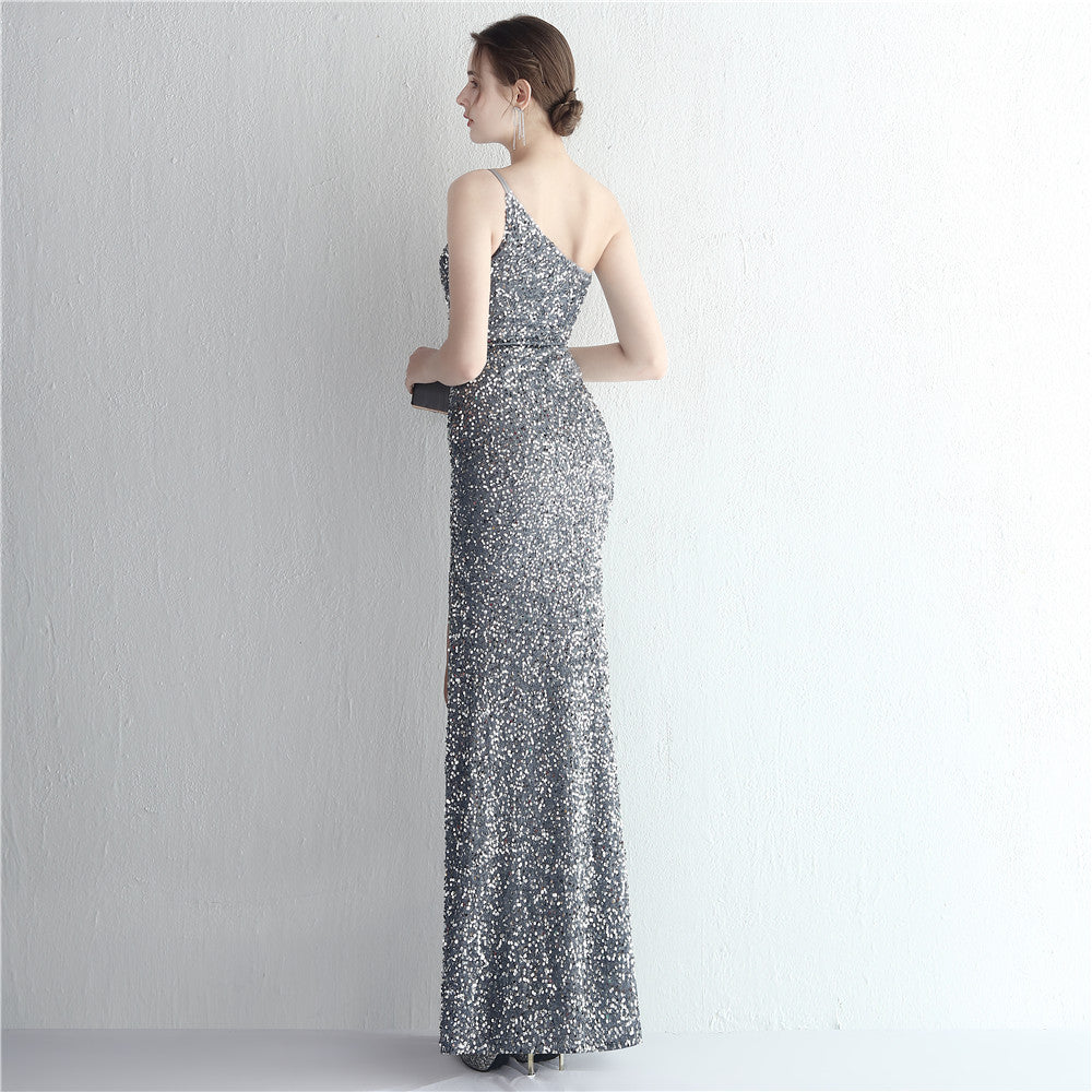 Women Sequined One Shoulder Strap Formal Party Slit Mermaid Evening Dress 19