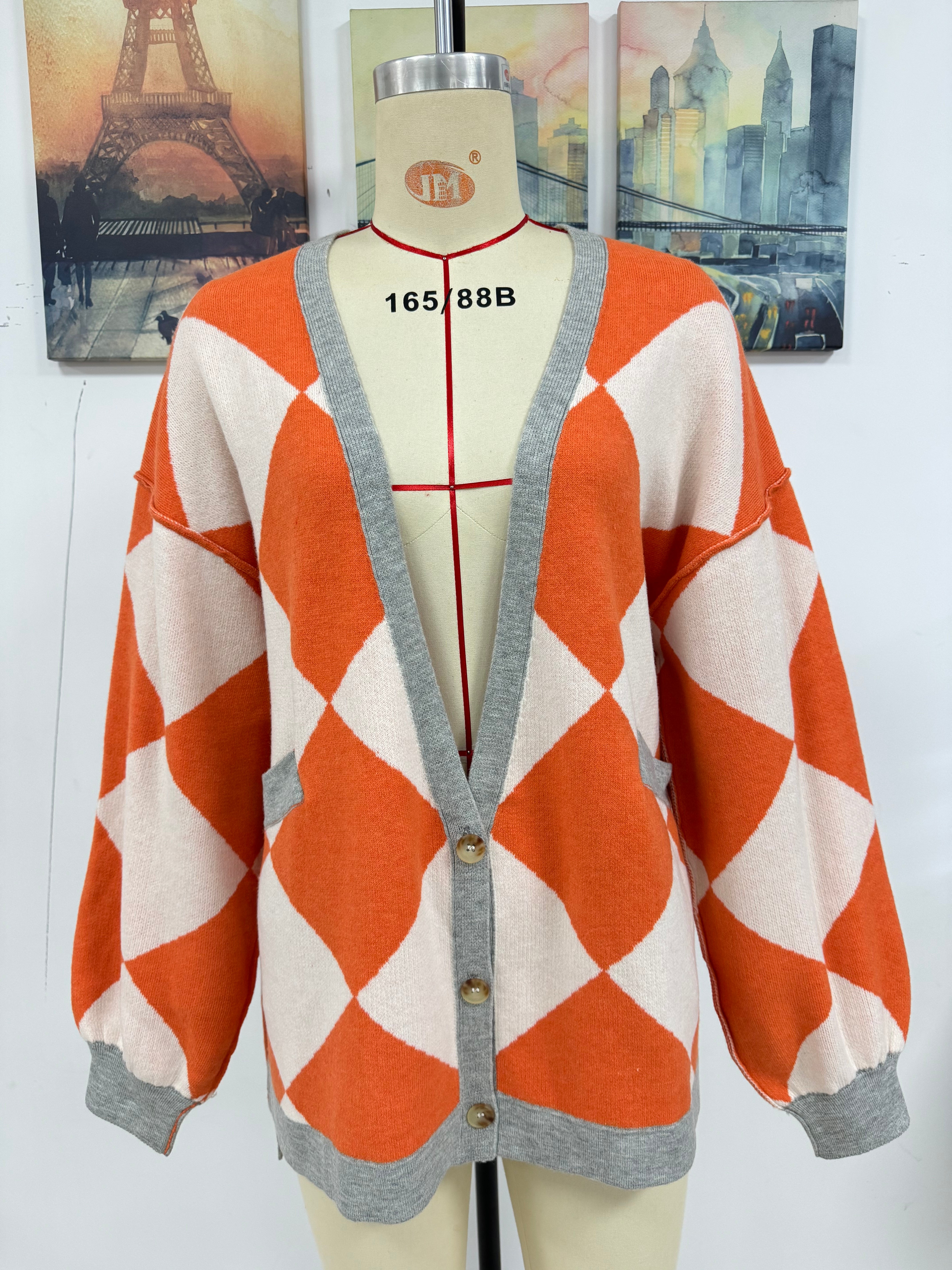 Women Autumn Winter V-Neck Diamond Patchwork Contrast Color Loose Knitting Cardigan Sweater 8