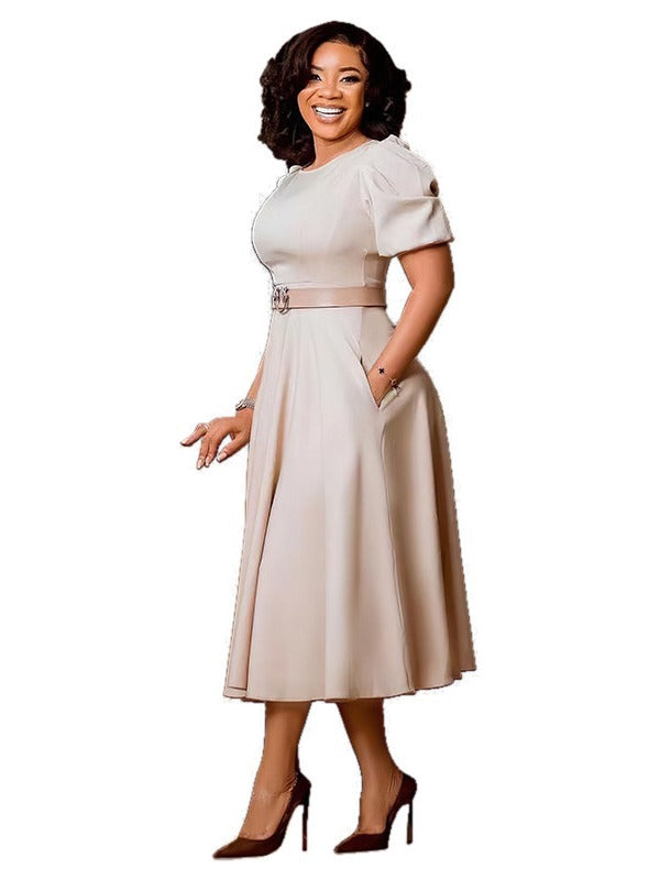 Women's Round Neck Chic Elegant Slim Waist Puff Sleeve A-Line African Dress 9