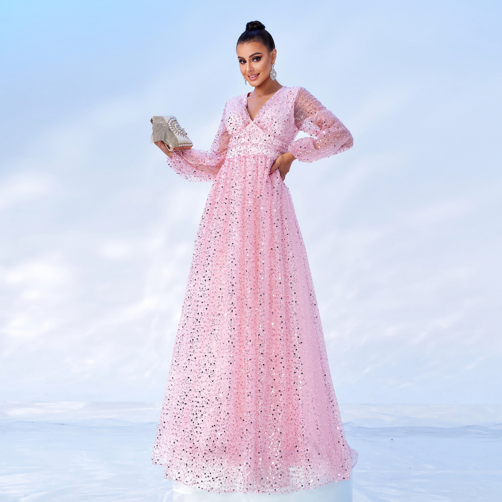 Long Sleeve V-Neck Long Sequin Formal Party Evening Dress Bridesmaid Dress 5