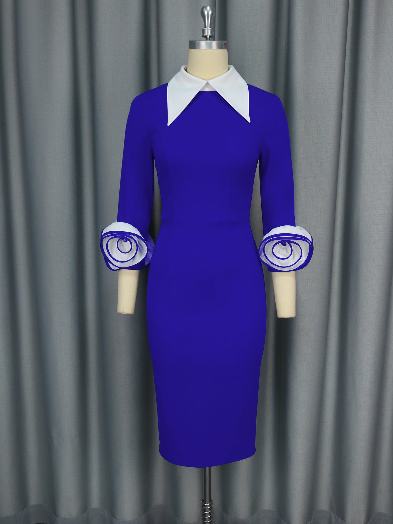 Contrast Color Turndown Collar Long Sleeve Flower Party Bodycon Dress 4