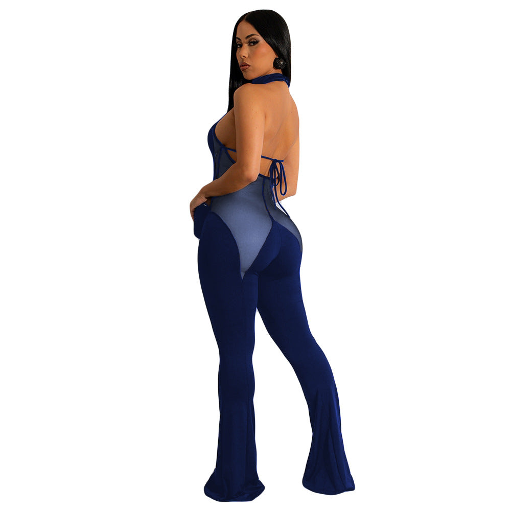 Women's mesh Patchwork Solid Color Sexy Wide Leg Jumpsuit 9