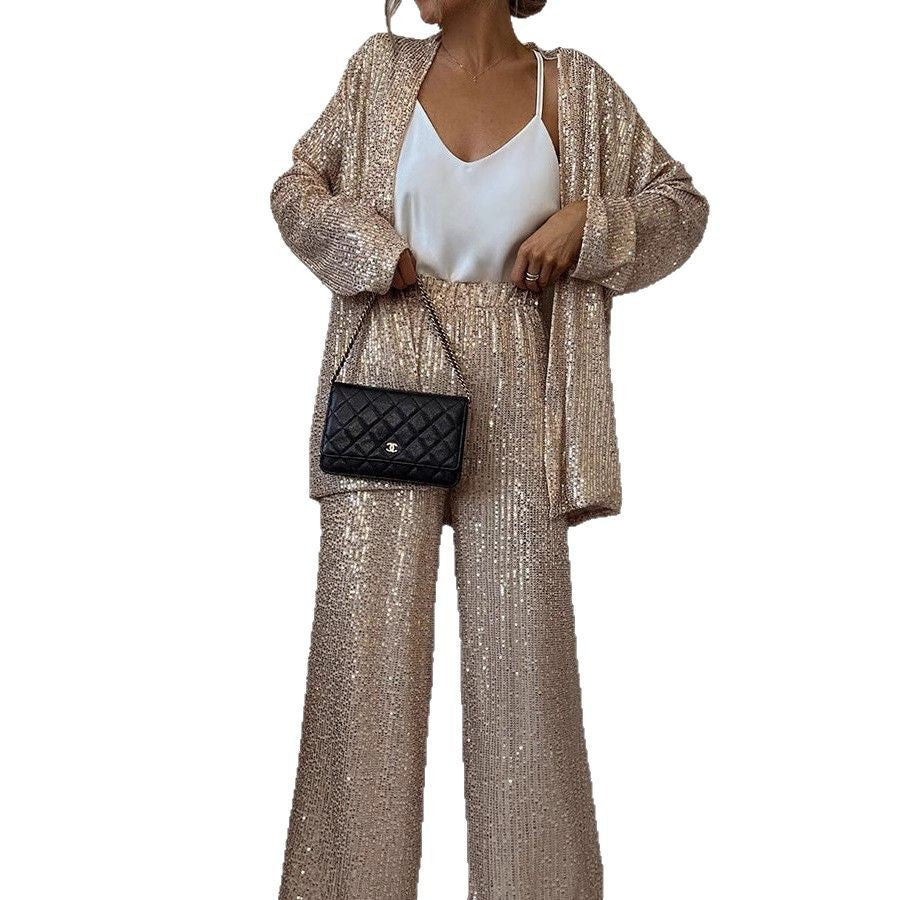 Women's Sequin Long Sleeve Two Piece Pants Set Chic Outerwear 8
