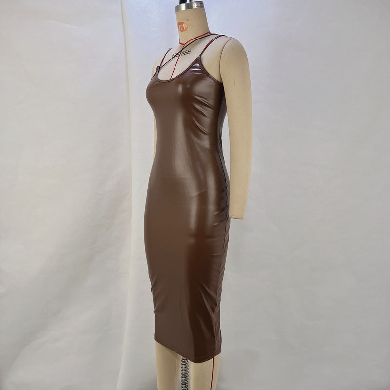 Women sexy Strap v-neck slit pu Leather Midi Dress 12