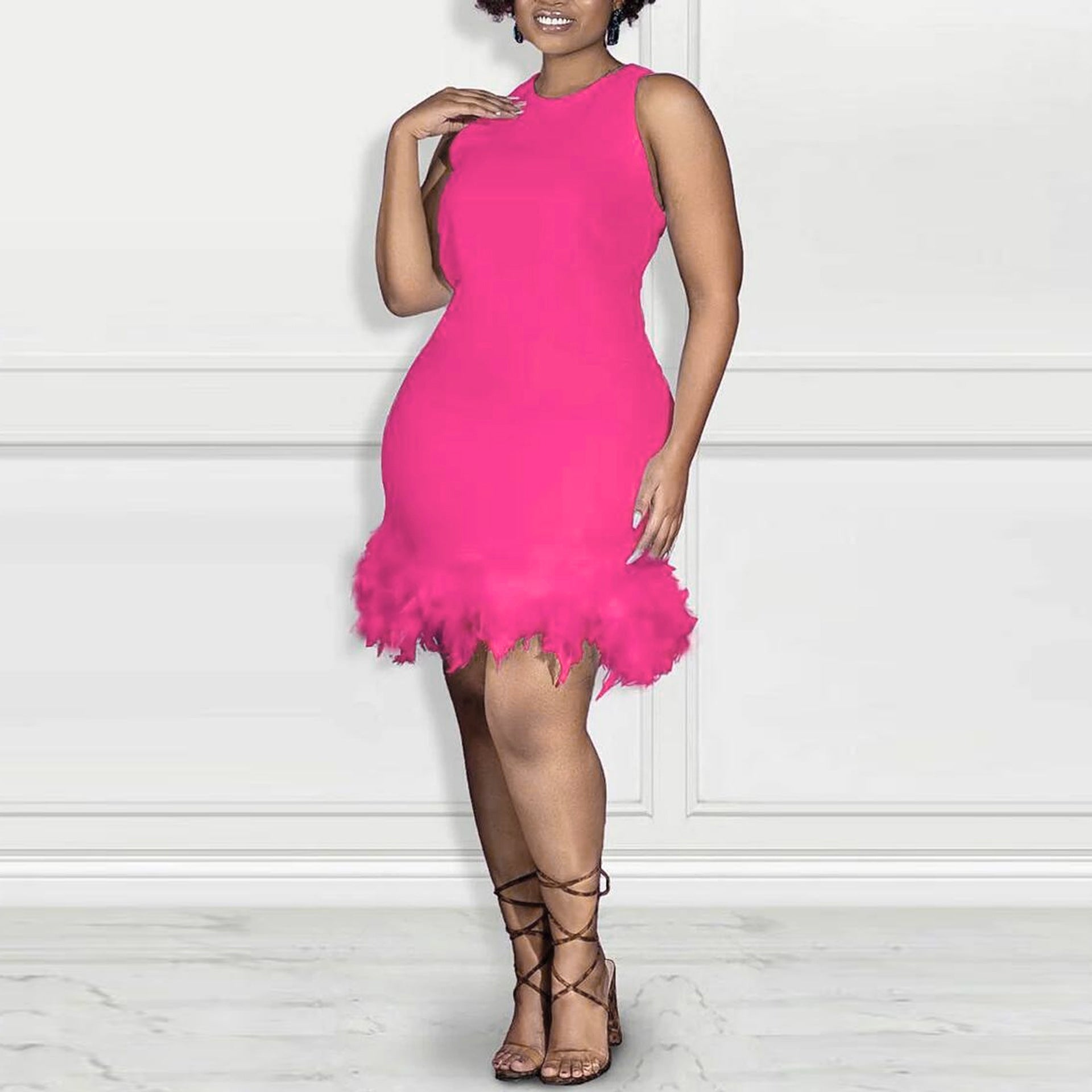 Women Casual Solid Sleeveless Feather Bodycon Dress 5