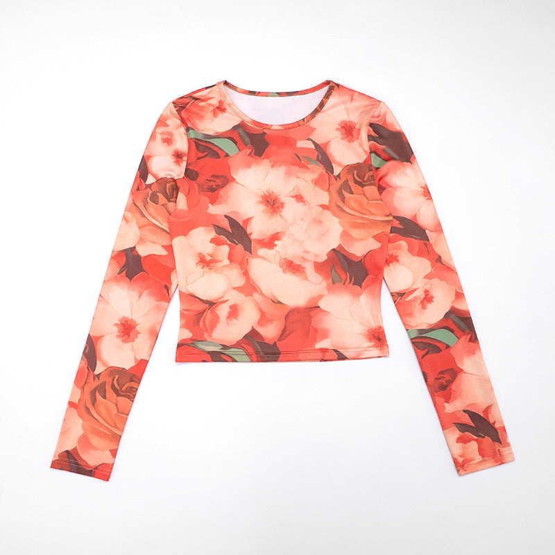 Women Fall/Winter Round Neck Floral Print Long-Sleeved Top and Pants Two-Piece Set 11