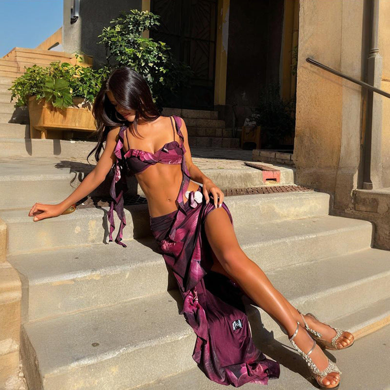 Street-Style Holiday Ruffled Print Two Piece Set Summer Sexy Slit Skirt Set 3