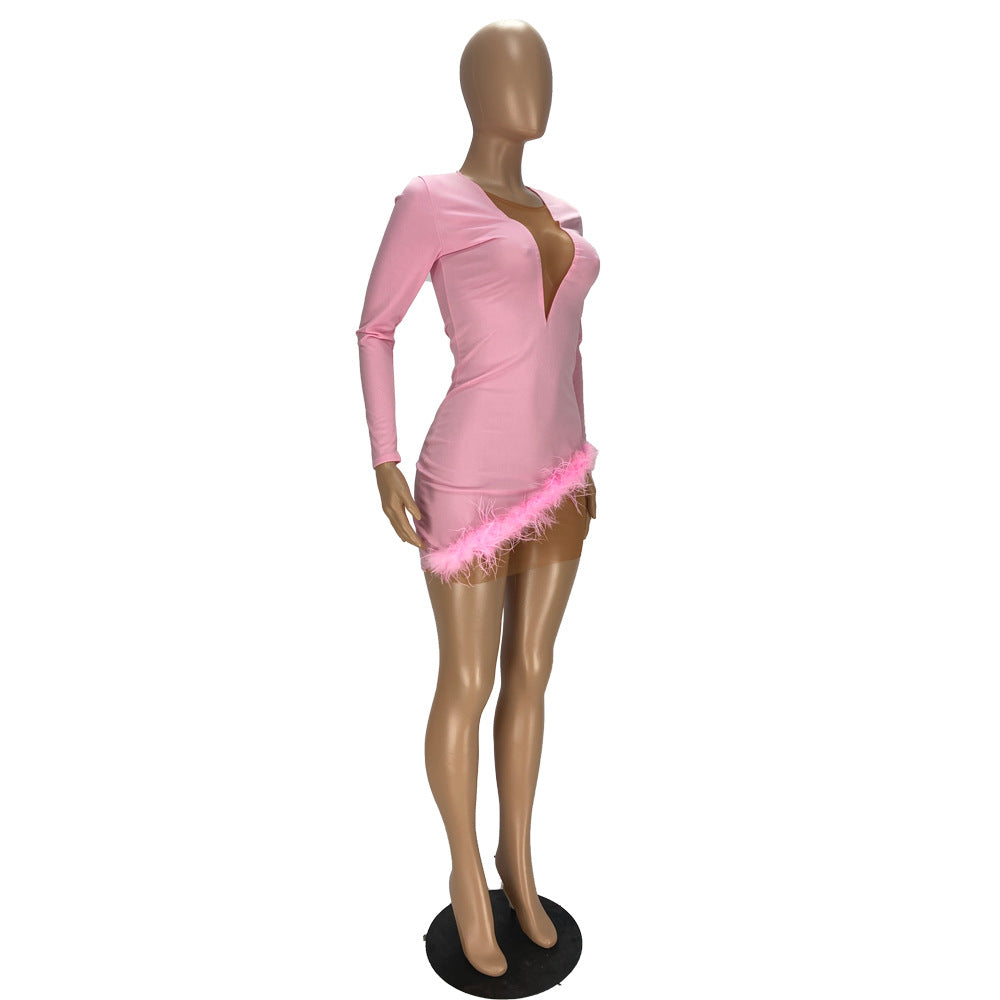 Women Sexy Feather Mesh Patchwork Dress 20