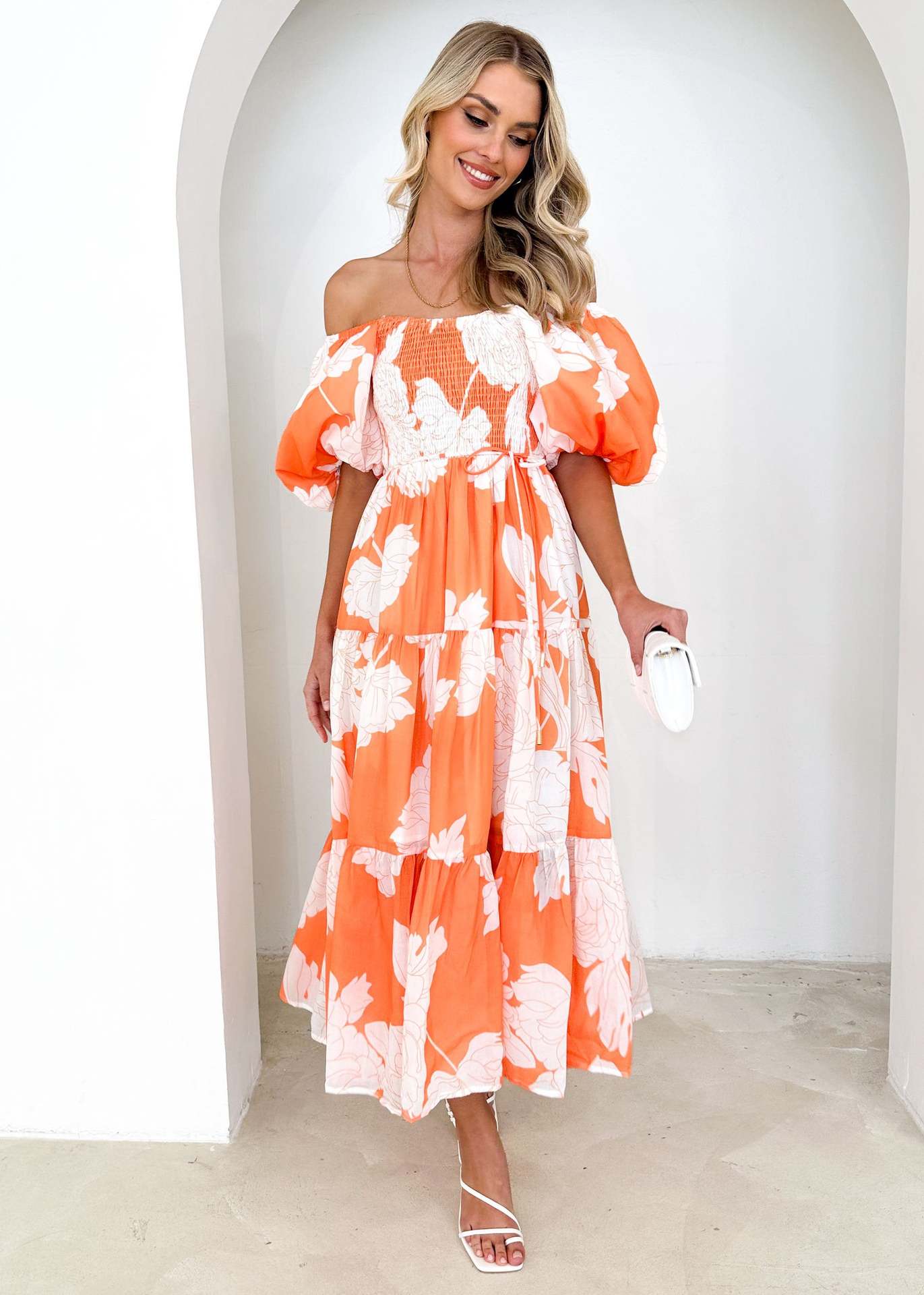 Women Elegant Print Off Shoulder Puff Sleeve Dress 21
