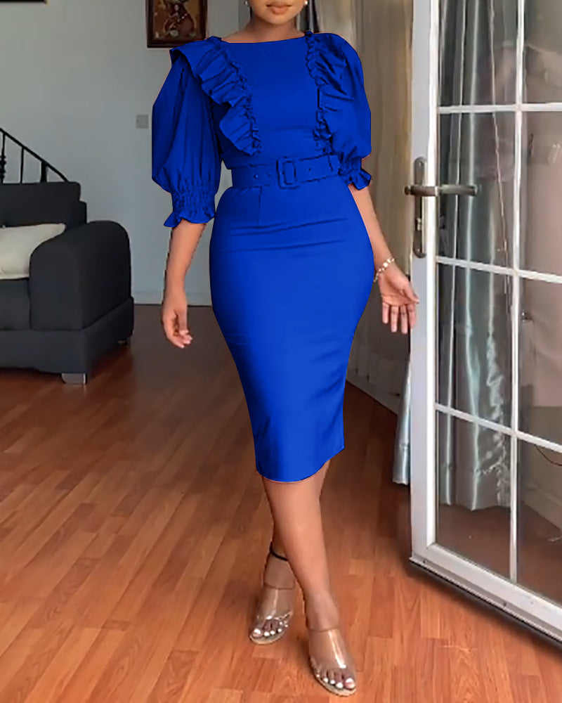 Plus Size African Women Ruffles Short Sleeve Bodycon Dress