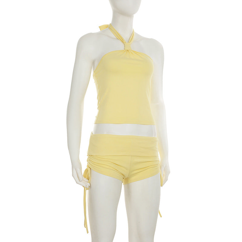 Summer Casual Sexy Knot Halter Neck Vest with Waist Drawstring Shorts Set 8
