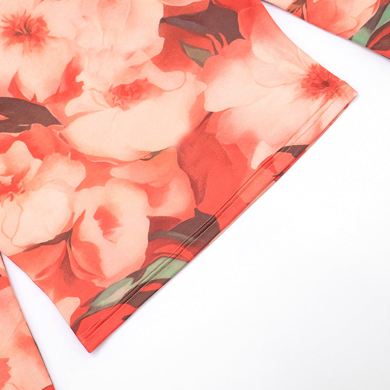 Women Fall/Winter Round Neck Floral Print Long-Sleeved Top and Pants Two-Piece Set 16