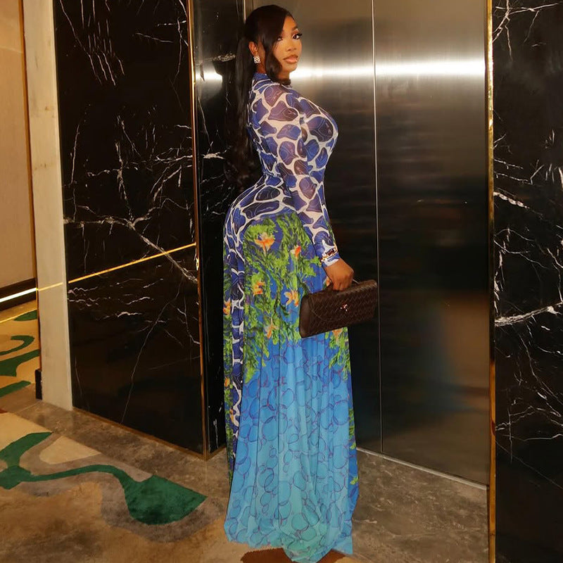 Women Printed High-Neck Long-Sleeved Career Bodycon Dress 5