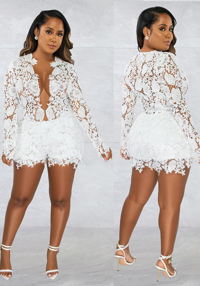 Women Hollow Solid Long Sleeve Shirt Shorts Two Piece Set