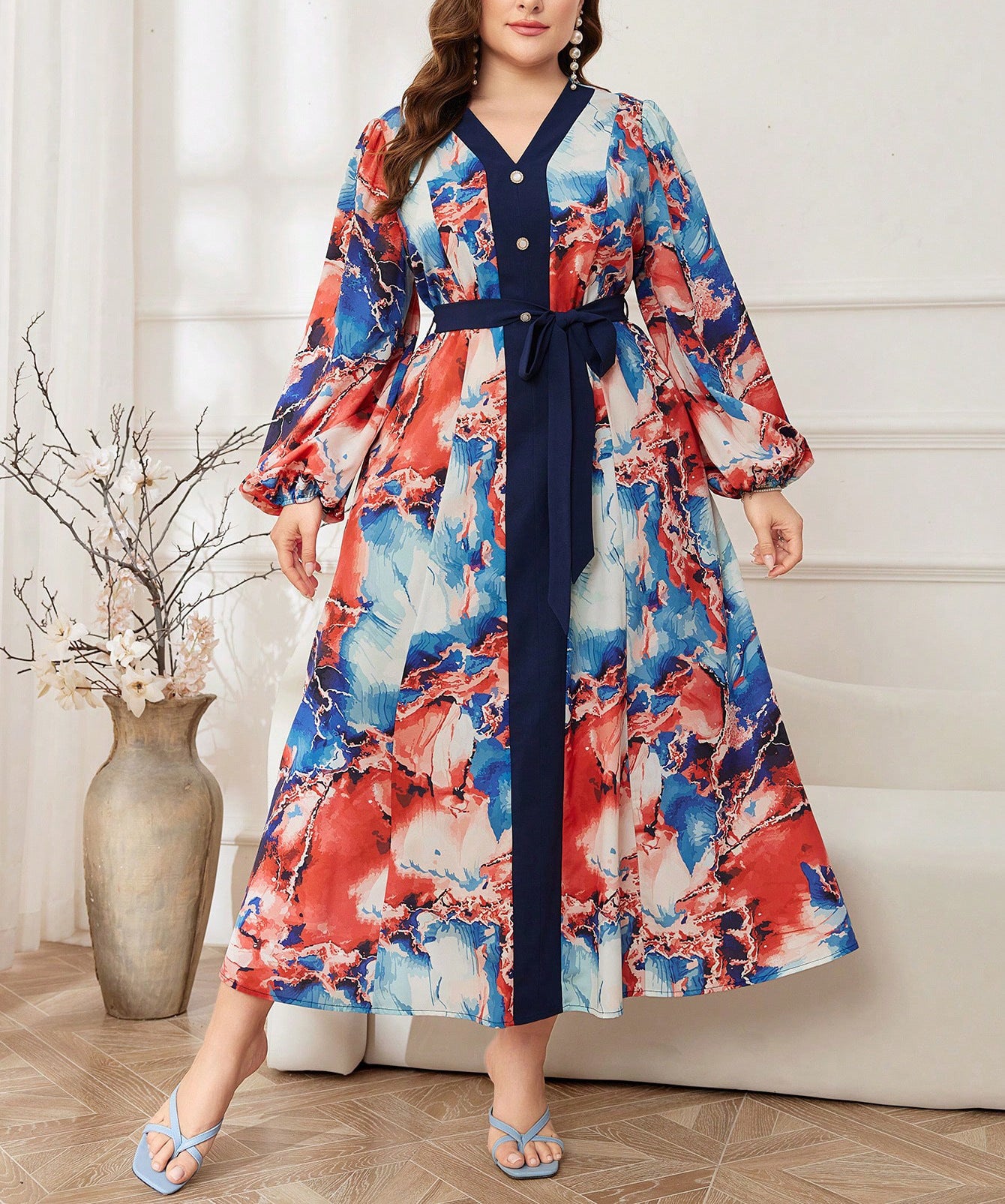 Plus Size Trendy Crisscross V-Neck Lantern Sleeve Slim Waist Print Chic Dress 7