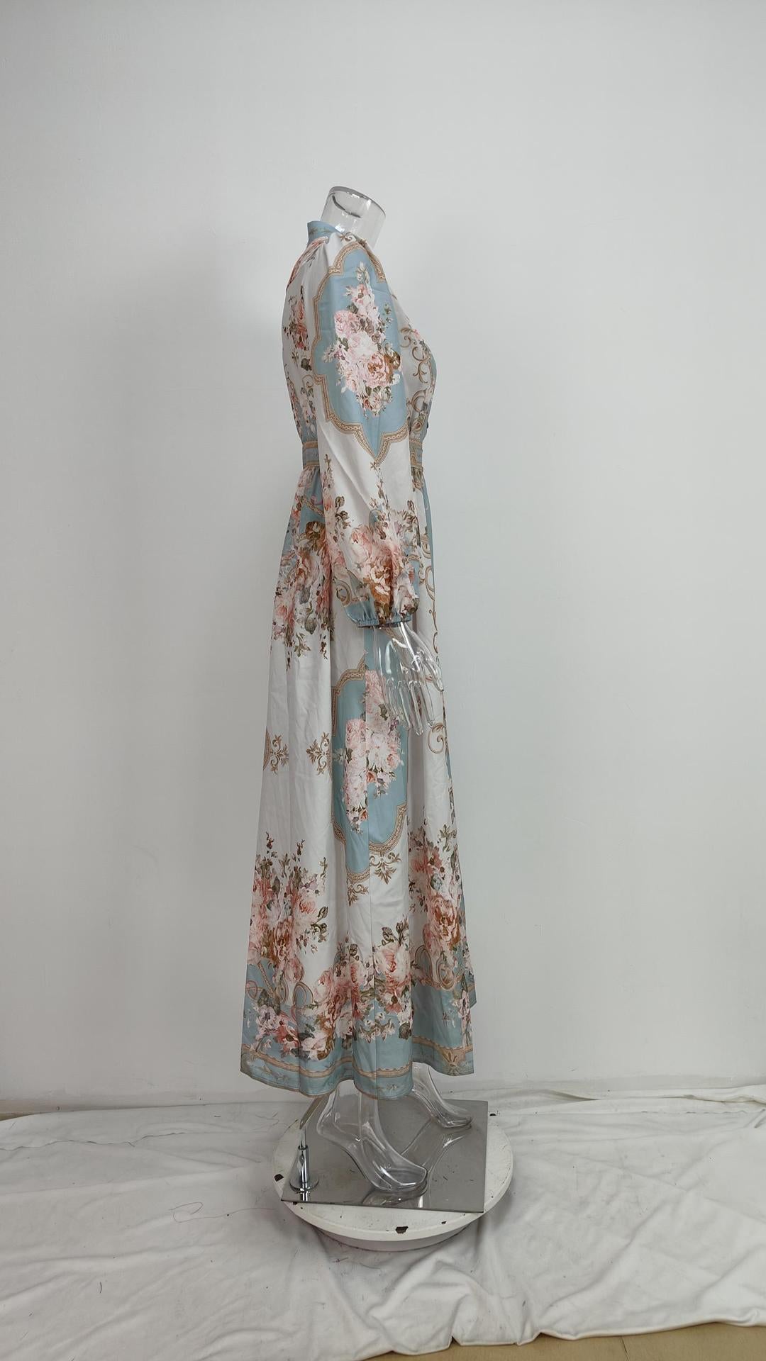 Women Chic Balloon Sleeve Turndown Collar Long Sleeve Dress 60