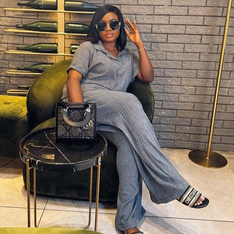 Plus Size Women African summer Turndown Collar Top And trousers two-piece set 4