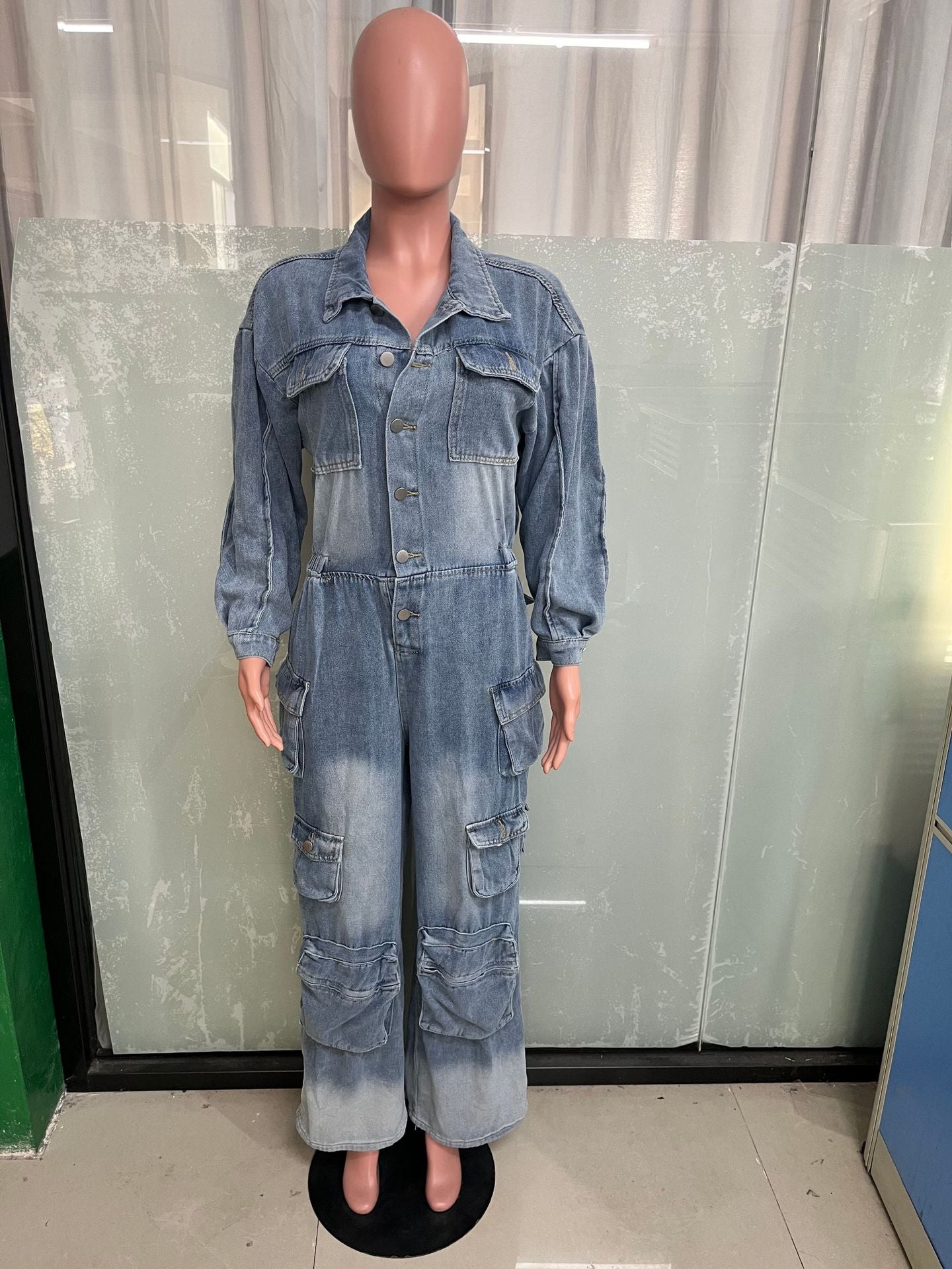 Women Cargo wide leg denim jumpsuit 4