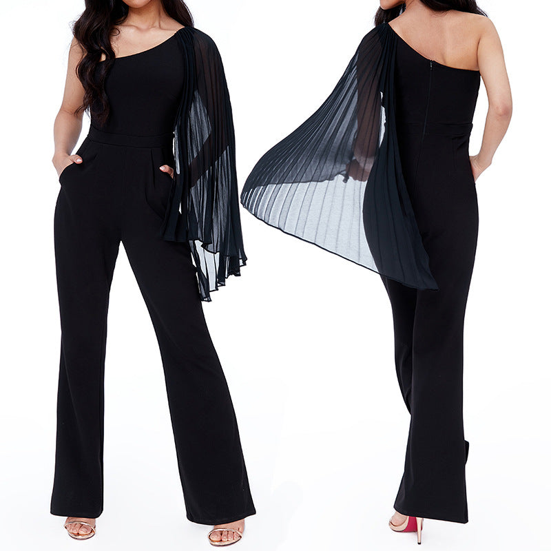 Women Sexy Black Stretchy Color-Block One-Shoulder Jumpsuit 3