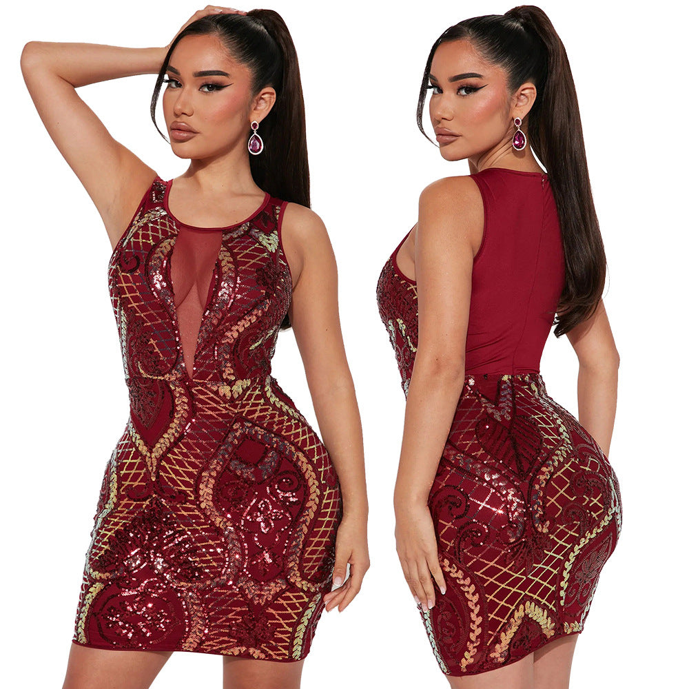 Women's Sleeveless Round Neck Sequin Bodycon Dress 3