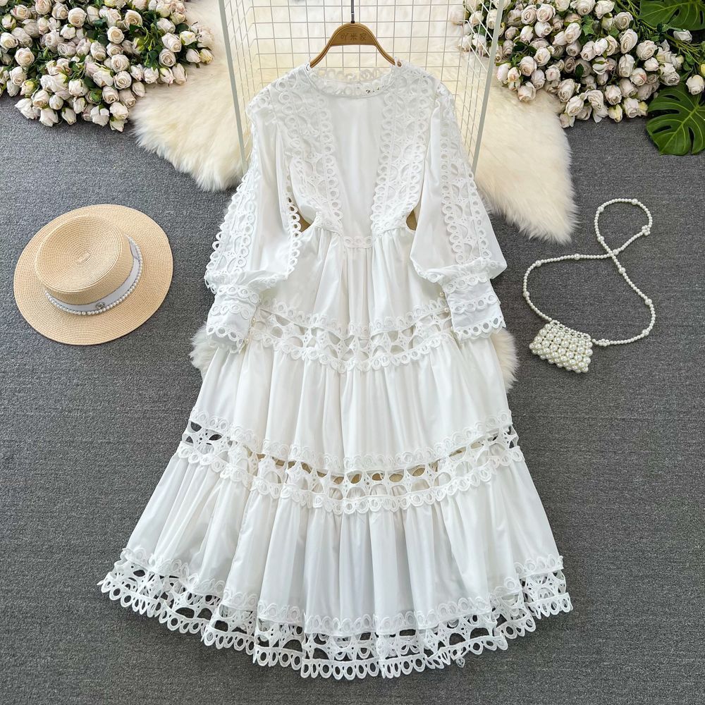 Spring Autumn Retro Chic Lantern Long Sleeve Lace Hollow Patchwork Round Neck Slim Waist Casual Dress 8