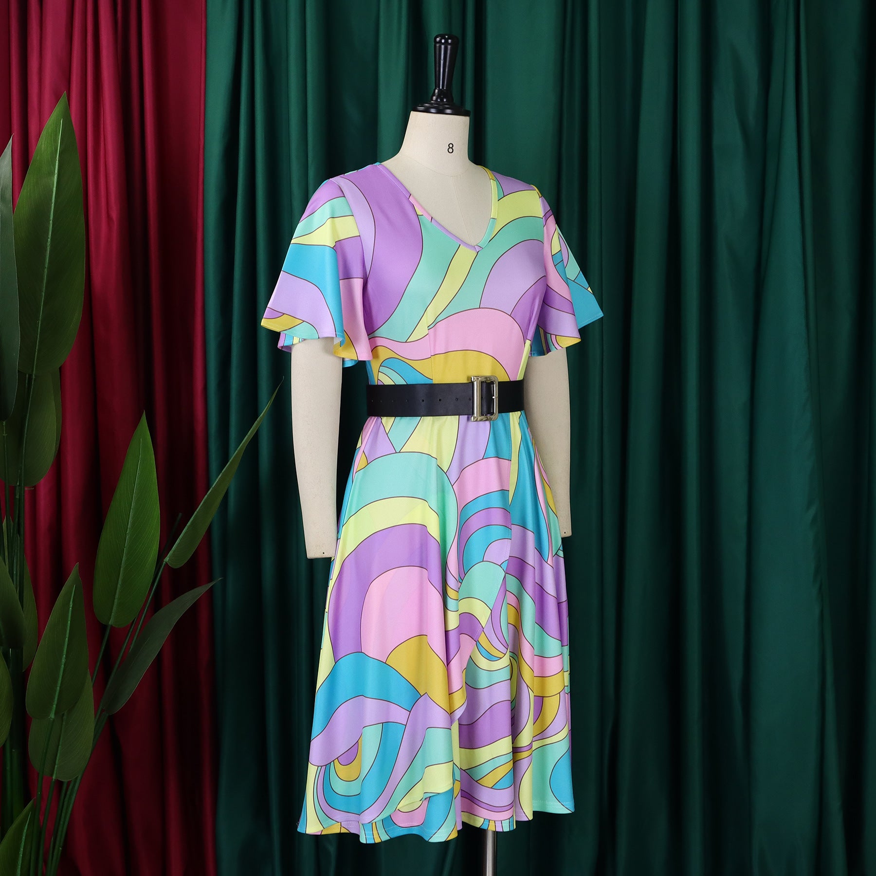 Summer Fashion Chic Women's Belt Print African Plus Size Midi Dress 34